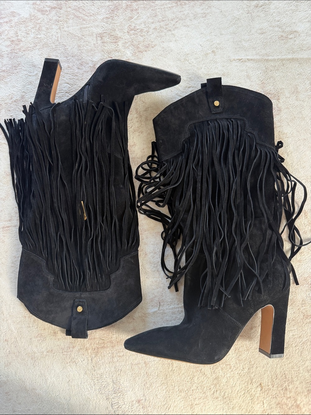 Vince Camuto Shela Black Suede Fringe Pointed Toe High Heel Boots Wide Calf